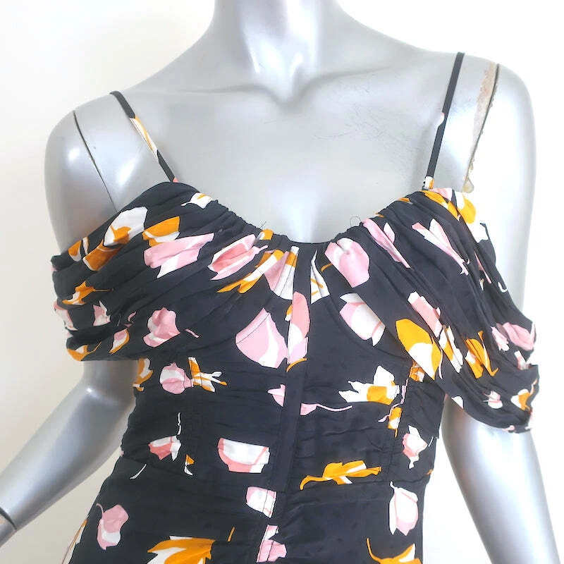 Self-Portrait Off the Shoulder Maxi Dress Black Floral Print Satin Size US 4 - Image 3 of 4