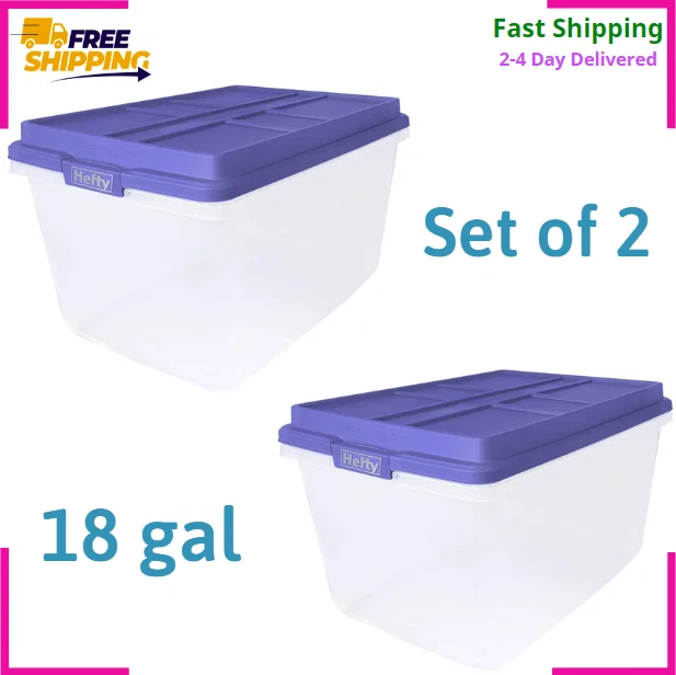 Hefty 72Qt 18 Gal Clear Storage Bin With Blue Hi Rise Lid Plastic