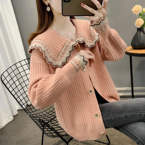 Long Sleeve Lapel Neck Collar Sweater Women Short Jacket Short Knitwear - Bild 2 von 24