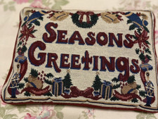 Folksy Tapestry Pillow " Seasons Greetings"-11" x 9" Tree Holiday Xmas