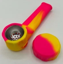 Silicone Tobacco Smoking Pipe with Metal Bowl & Cap Lid | Pink / Yellow  | USA