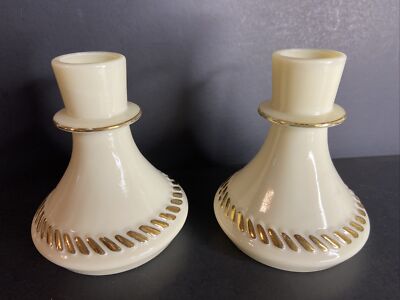 2 Vtg Wheaton Ware Custard Glass Candlestick Candle Holders Gold Trim USA 3.75''