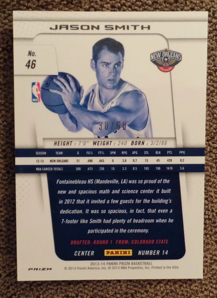 2013-14 JASON SMITH PANINI PRIZM ROOKIE #46 LARANJA 30/60 FEITO PELICANOS - Imagem 2 de 3