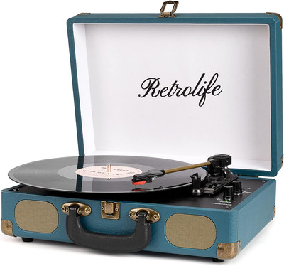 Vinyl Record Player - 3-Speed Bluetooth Portable Belt-Driven Suitcase Turntable