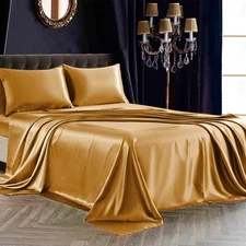 4Pcs Satin Set Queen Size Ultra Silky Soft Gold Satin Queen Bed Sheets with D...