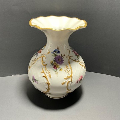 Vintage Edelstein Bavaria 20735 Floral Porcelain Vase Gold Trim 1970 s 6 1/2 H