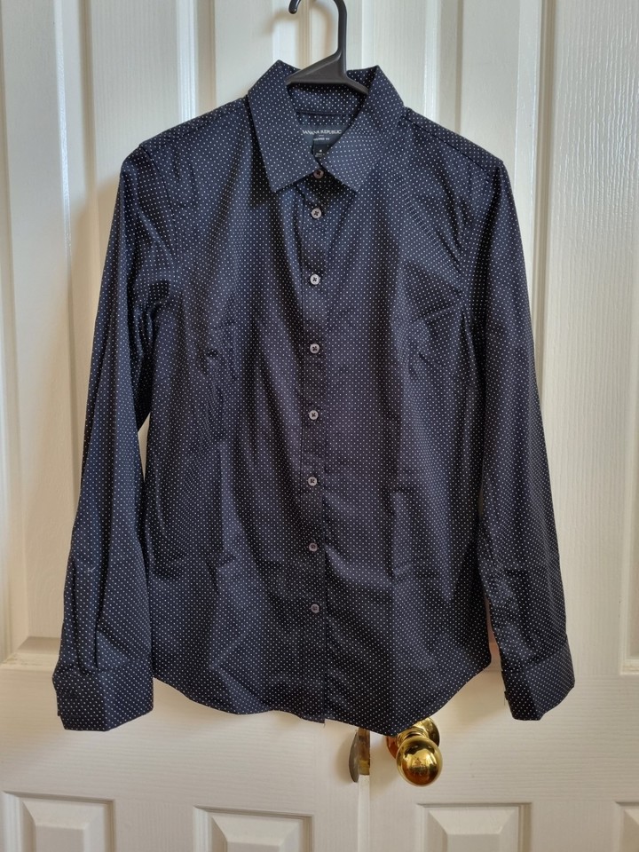 Women Banana Republic Button Up Shirt Size 4 Fits 6-8 Black White Spots Collared