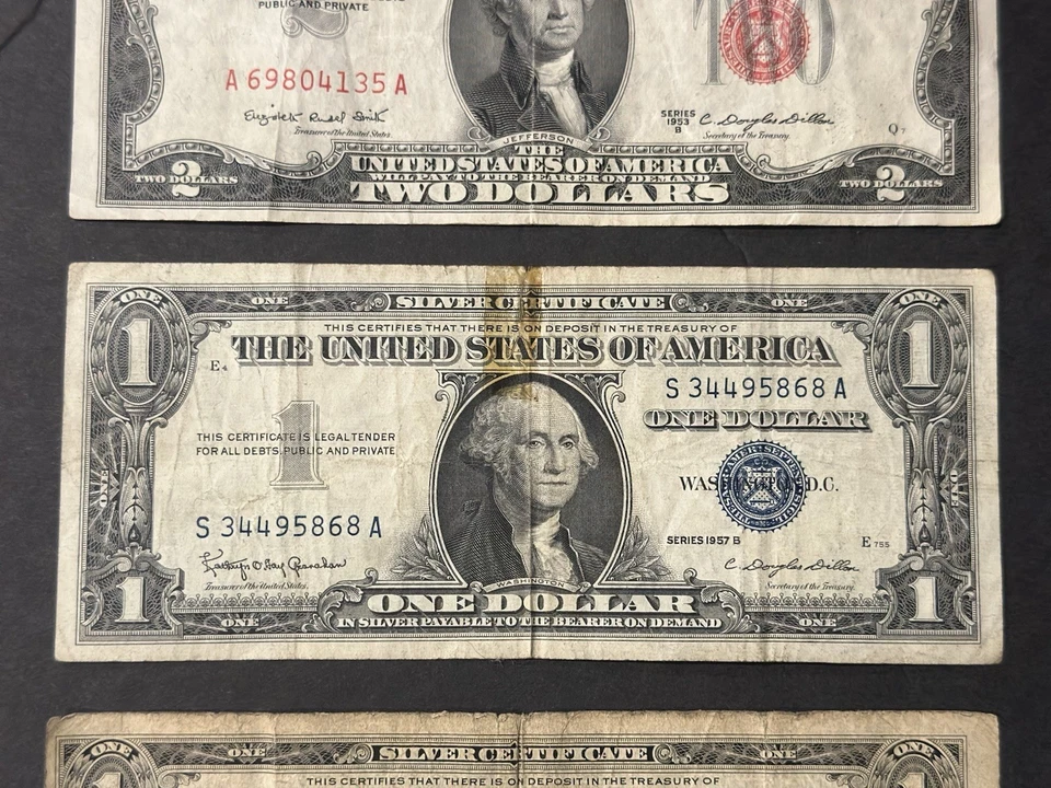 1953 B $2 Bill (RED) - 1957 B $1 Bill (BLUE)- 1935 F $1 Bill (BLUE) Lot. - Image 3 of 4