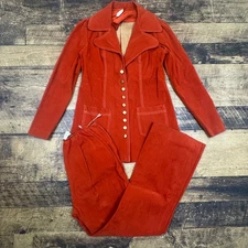 Vintage 70s Orange Suede Pant Suit Set Jacket Bell Bottoms Retro Disco