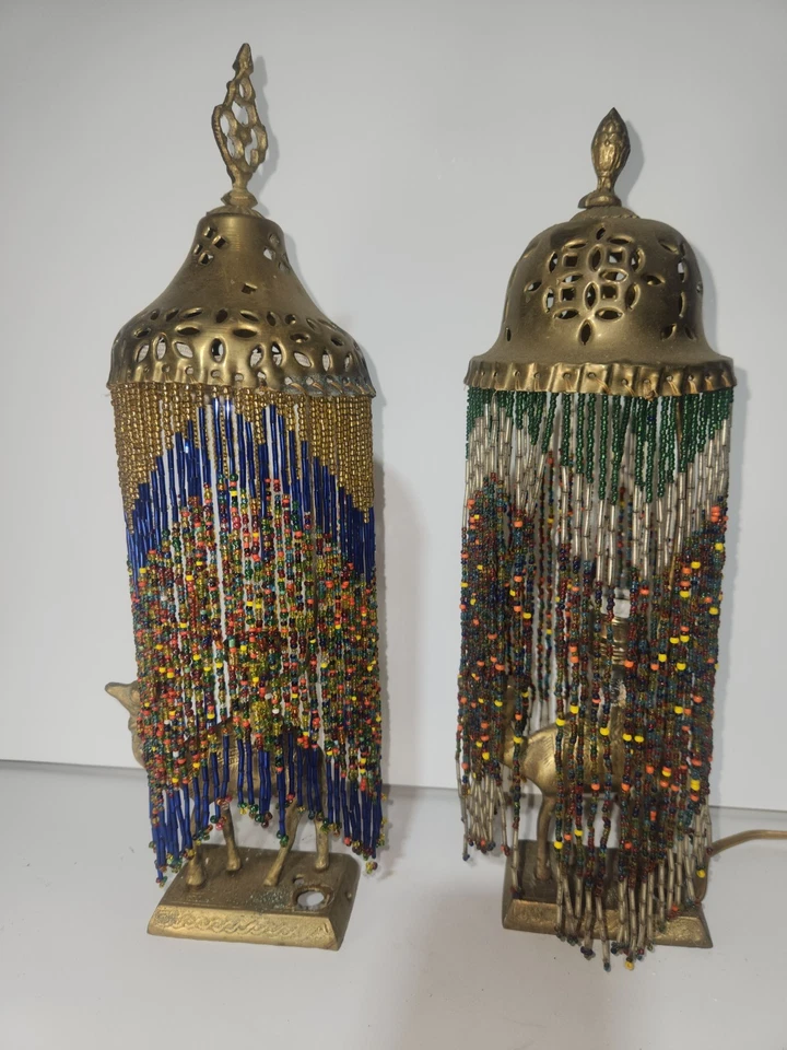 1920’s Egyptian Revival Camel Boudoir Lamp with Beaded Shade - Image 2 of 4