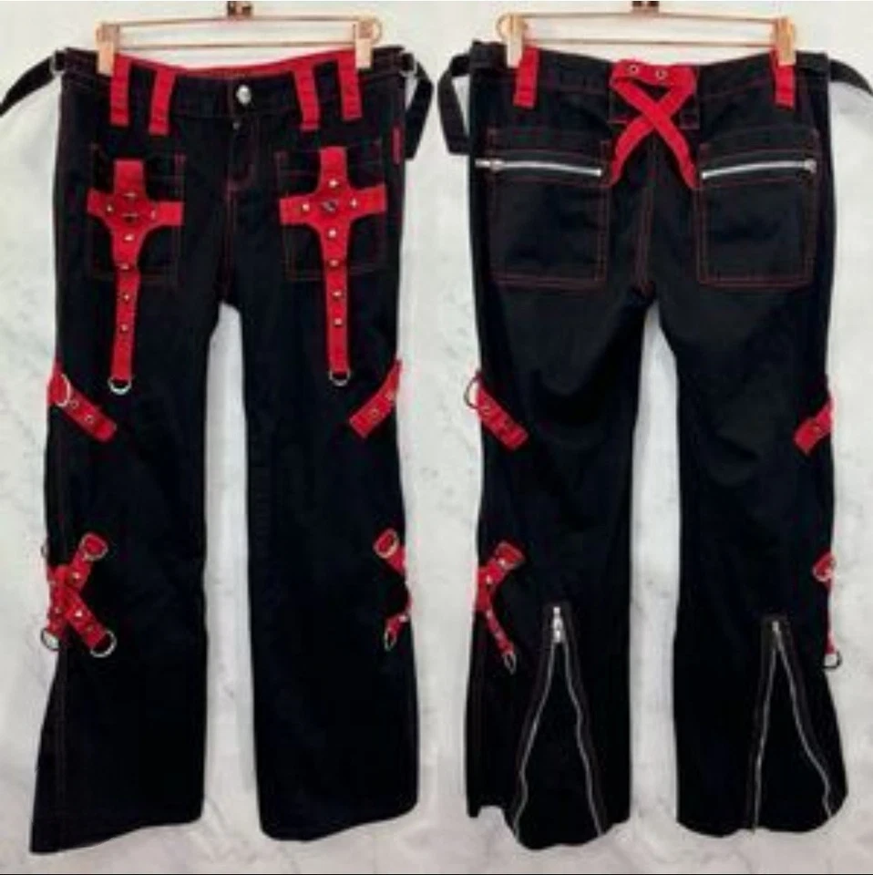 EUC Vintage Y2K Tripp NYC Red Black Pants Skull Hardware Sz 3 Goth Hot Topic