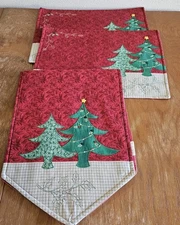 3pc Christmas Placemats & Table Runner Set Embroidered Tree Design 