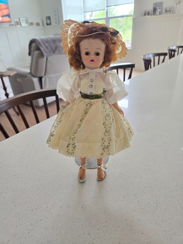 Vintage VOGUE JILL Doll In Yellow Taffeta Dress Hat Outfit and Stand
