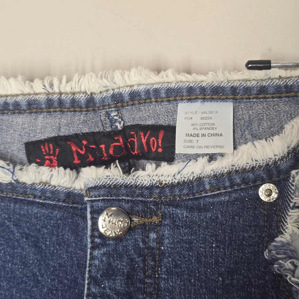 Vintage Mudd Yo Jeans Fringe Trim  Y2K  Flare Size 7 Raw Hem Flare Sparkle - Image 3 of 4