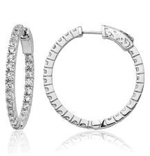 925 Sterling Silver 1.9mm CZ Round Medium Hoop Earrings