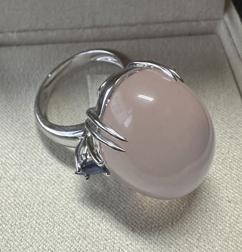 18Kt White Gold Ring With Blue Sapphire Drops And Large Rose Quartz - Picture 5 of 6