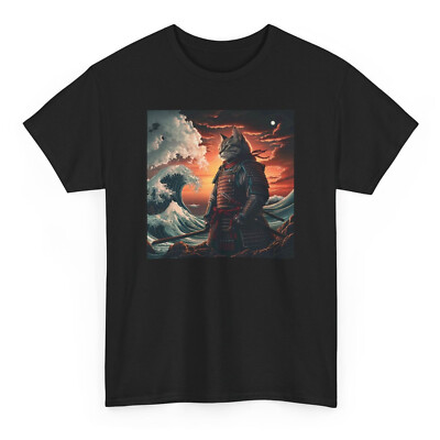 Japanese Samurai Cat T-shirt - Novelty Hokusai Great Wave Retro Graphic Tee