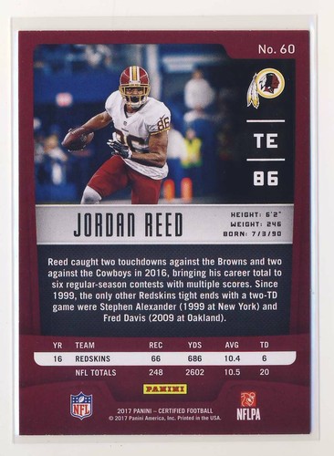 2017 Certified #60 Jordan Reed Base Card BX6 - Picture 2 of 2
