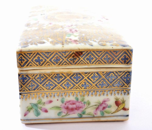 19C Chinese Export Celadon Fitzhugh Rose Medallion Porcelain Scholar Brush Box - Picture 7 of 12