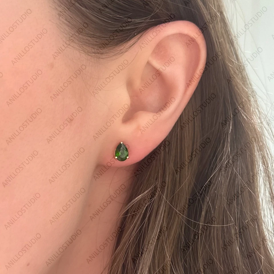 Aretes de diopsido cromado corte pera, regalo de oro amarillo de 14 k para aniversario Foto 2 de 3