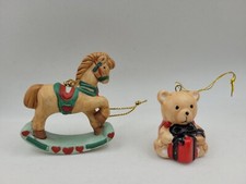 VTG Lot 2 Porcelain Ornaments Russ Berrie Rocking Horse  Unbranded Teddy Bear