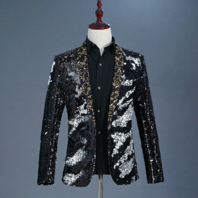 Giacca Uomo Con Paillette Oro - Sakko In Raso Lucido Per Feste E Matrimoni | Vestibilità Regular - Foto 9