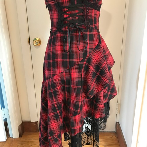 Vestido Punk Gótico Visual Kei Rojo y Negro Cuadros Tartán Dobladillo Asimétrico M - Imagen 4 de 12
