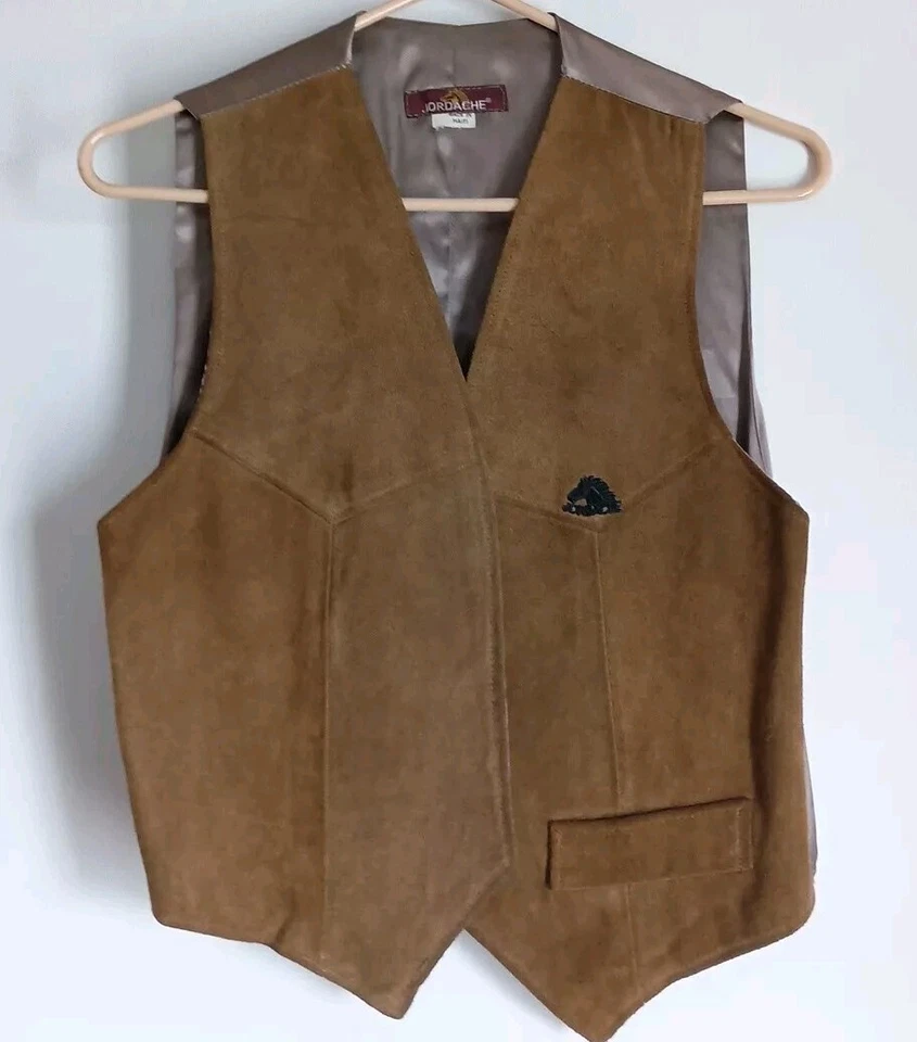 Chaleco de gamuza de cuero Jordache vintage años 70/80 beige tostado occidental pequeño excelente Foto 2 de 4