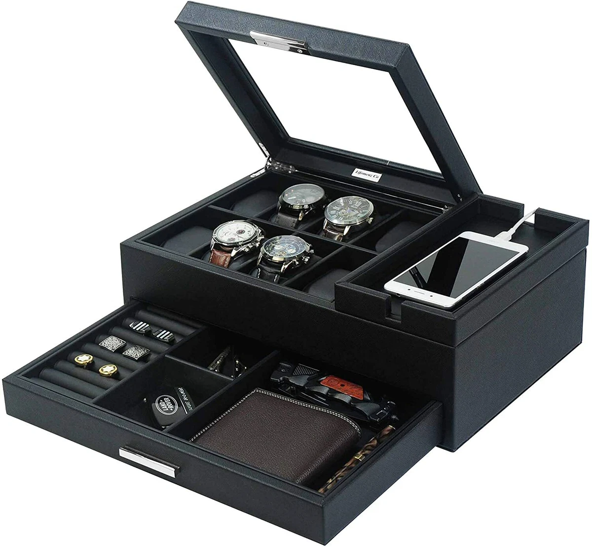 Men's Watch 8 Slot Jewelry Box Valet Tray Organizer with Drawer  Charging Station