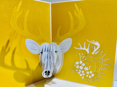 ORIGAMI POP CARDS White Stag Deer Head 3D Pop Up Greeting Card Birthday Blank 