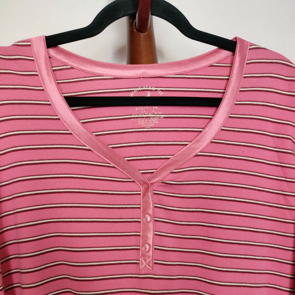 White Stag Tee women's size 3X(2224W) pink striped vneck w buttons