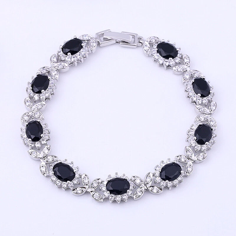 New Classical Flower Design Mystical Black Onyx Gemstone Women Bracelets Silver - Image 3 of 4