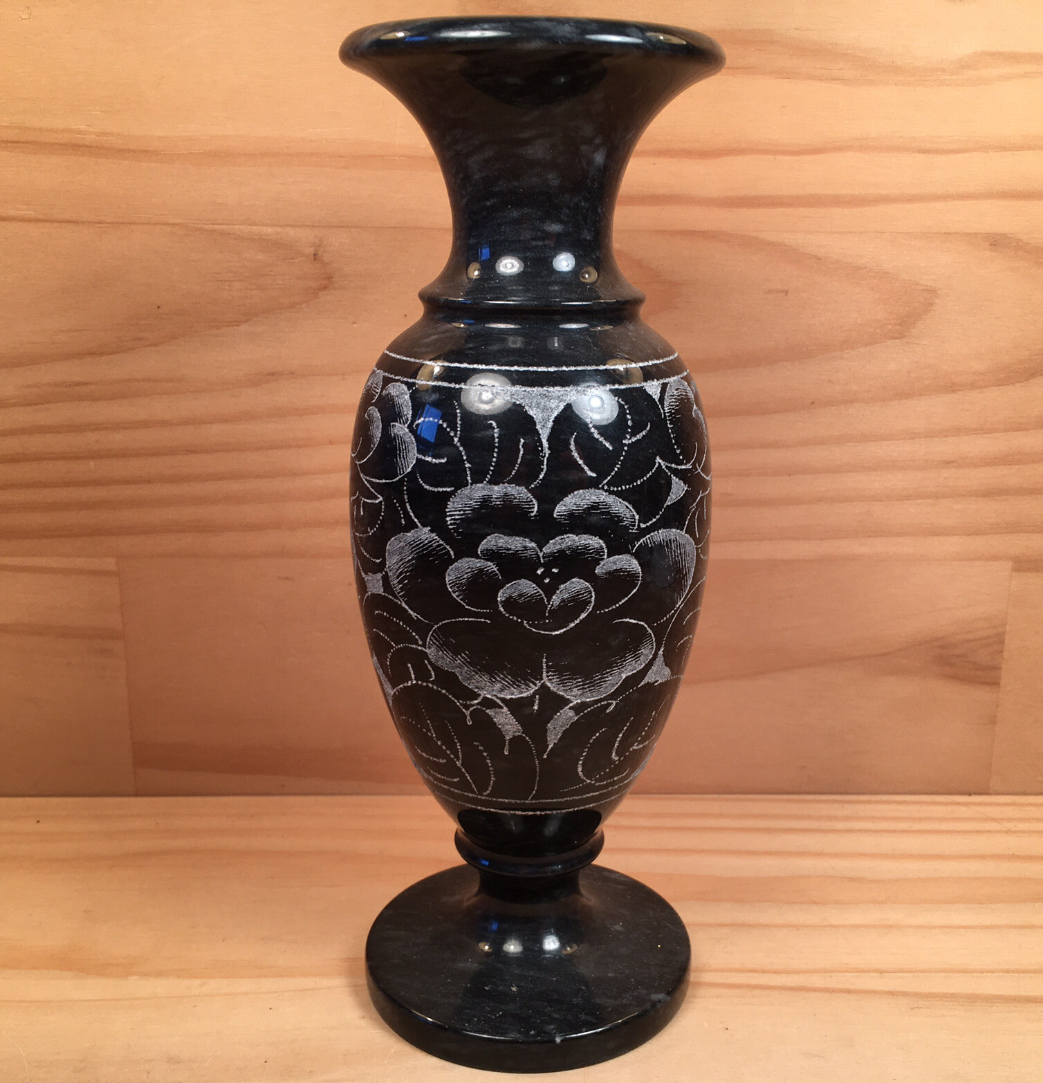 WILD FLOWERS “Black” Vintage Black Onyx Vase Decorative Etched Stone