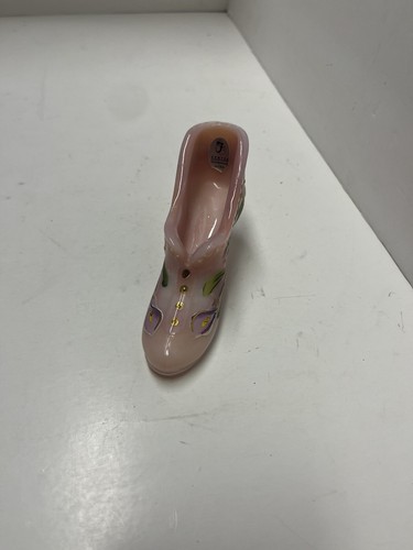 Fenton Glass Pink Slipper/Shoe Hand Painted by E. Lowe Floral Signed 3.5” - Picture 3 of 9