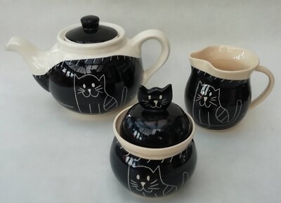 Skurrile Katze Teekanne Milchkännchen Zuckerdose Cartwright Keramik Pottery schwarz-weiß