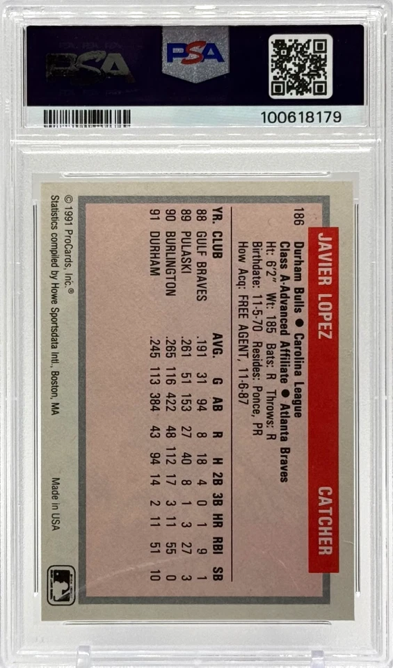 1991 Procards Javy Lopez Signed #186 Tomorrow's Heroes PSA Authentic Auto - Image 2 of 2