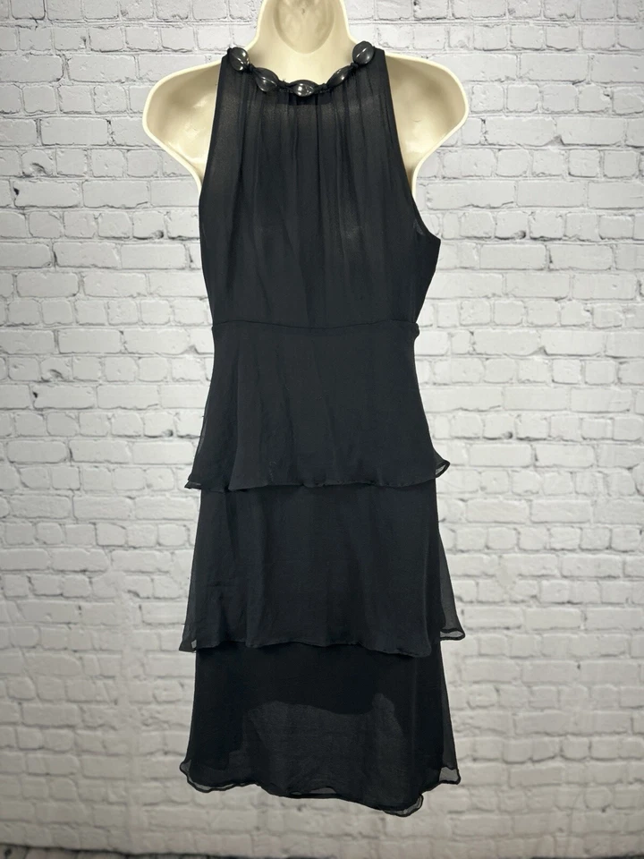 Ellen Tracy Black 100% Silk High Neck Side Zip Layered Dress Size Small S - Image 2 of 4