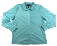 Denim & Co Womens Button Up Top Sz L Blue Check Long Sleeve Stretch Collar NWOT