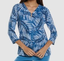 Jones New York Women Blue Keyhole V-Neck 3/4-Sleeve Top Size S