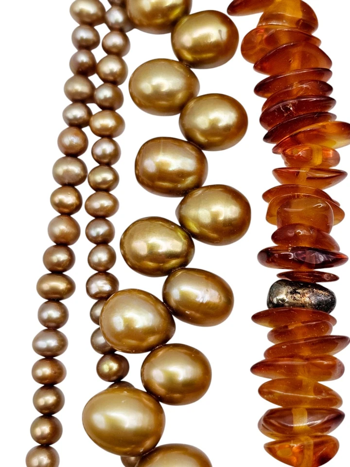 Collar Vintage Plata Esterlina Ámbar Perla Cuentas Multistrand Declaración Israel Foto 4 de 4