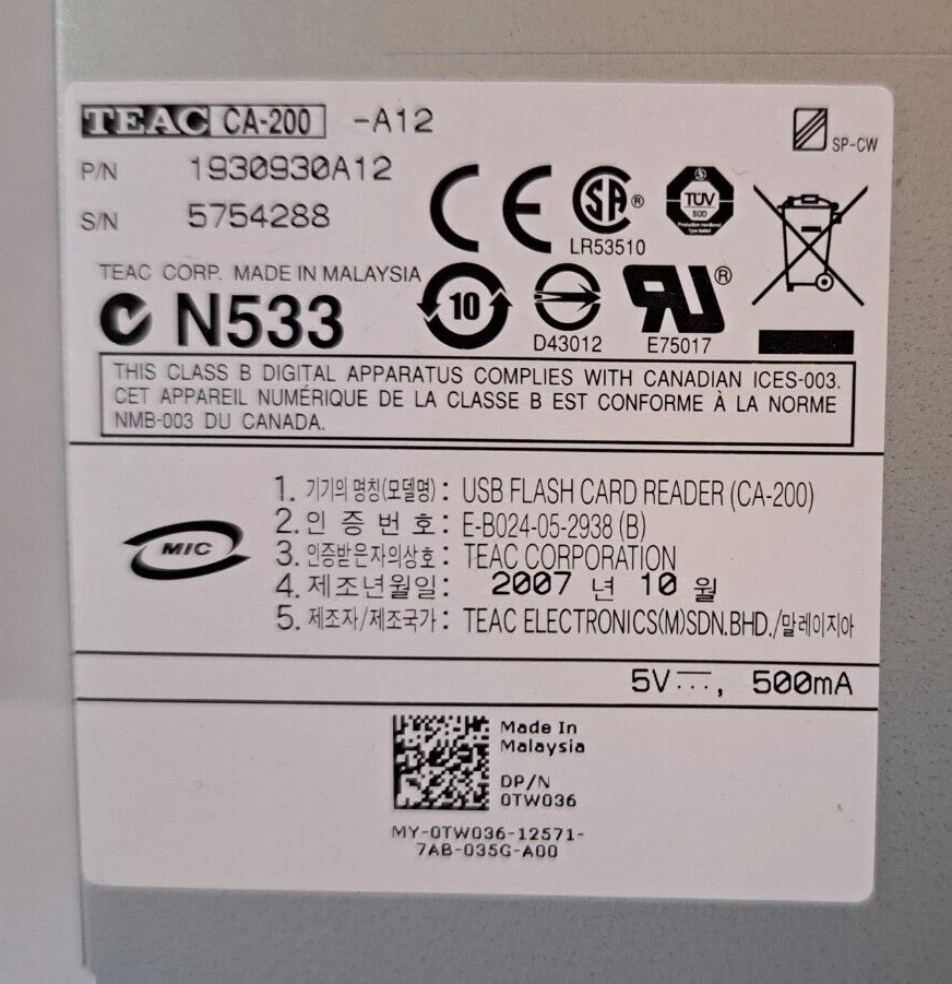 Dell USB Flash Card Reader 0TW036 TEAC CA-200 A12 N533 1930930A02/1930930A12 - Image 2 of 4