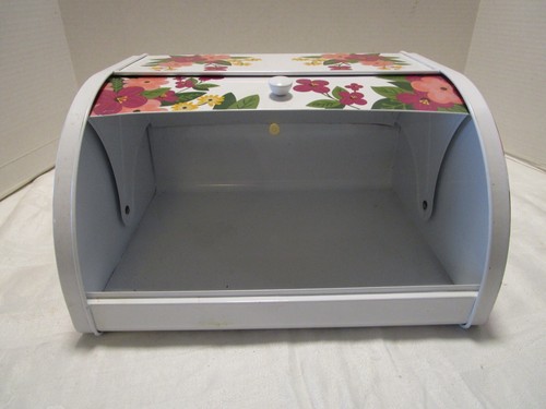 Metal ASHLAND White Spring-Floral Bread Box with roll up Door Kitchen Storage - Picture 6 of 14