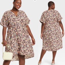 Ava & Viv Burgundy Floral Plus Size Short Sleeve Shirtdress Size X NWT!