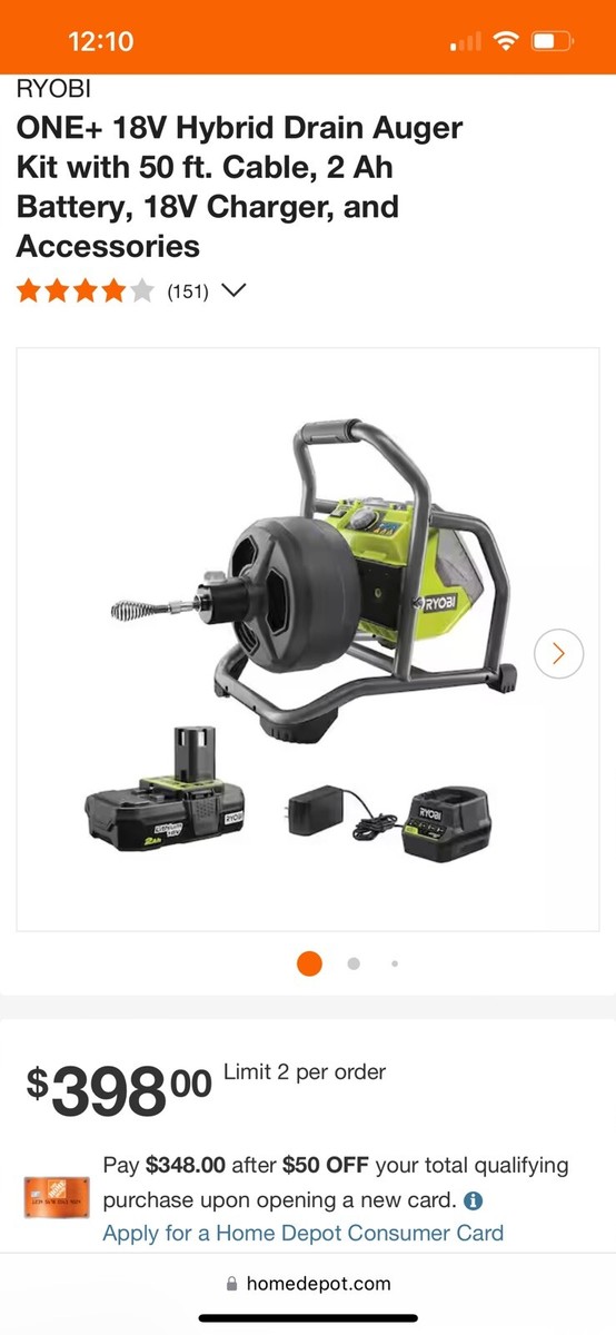 50 Ft Ryobi Hybrid Auger Ryobi ONE+ 18V Drain Auger Kit P4003K For