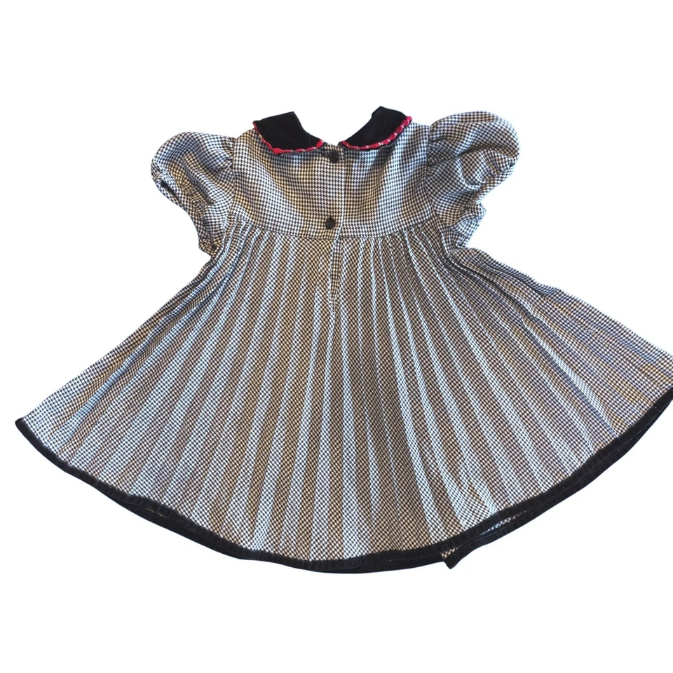 Vintage Girls Houndstooth Dress Black Velvet Collar Red Rose Trim - Image 4 of 4