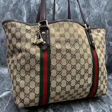 GUCCI 139260.203419 Sherry Line GG Tote Bag Brown Beige Leather Canvas Charm