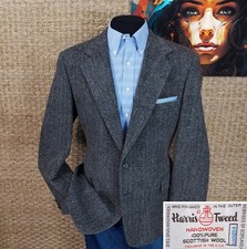 Garrison Park HARRIS TWEED 44L Sport Coat Gray/Black Herringbone Leather Buttons