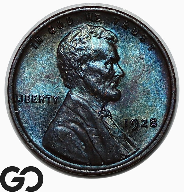 1928 Lincoln Cent Wheat Penny, Stunning Blue Rainbow Toning, Gem BU+