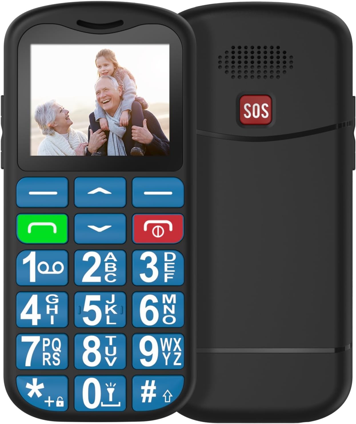 GSM téléphone portable senior débloqué noir avec socle de recharge et bouton SOS