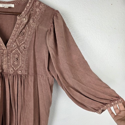 Boho Chic Solitaire Women XL Mauve Embroidered Long Balloon Sleeve Peplum Blouse - Picture 4 of 12